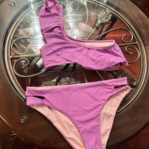 Gianni Bini Purple Ruffle One-Shoulder Bikini Set